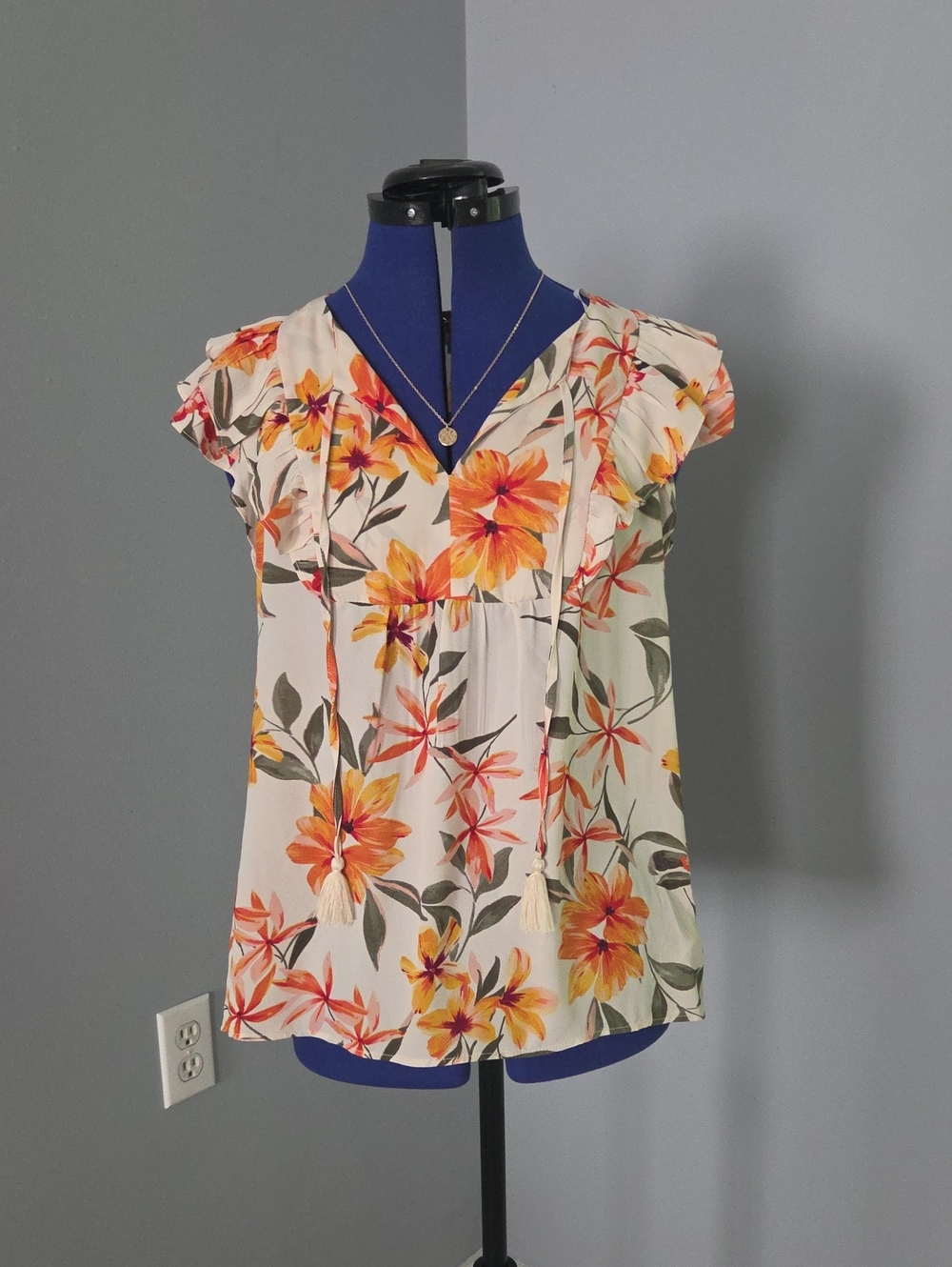 DR2 Floral V-Neck Tassel Cap Sleeve Top - Cream with Orange and Yellow